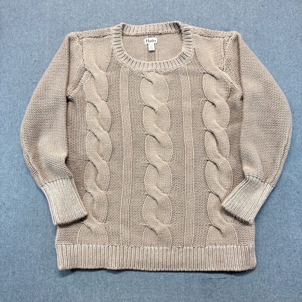 Hatley Womens Tan Cable Knit Long Sleeve Crew Neck Cotton Blend Sweater Size M